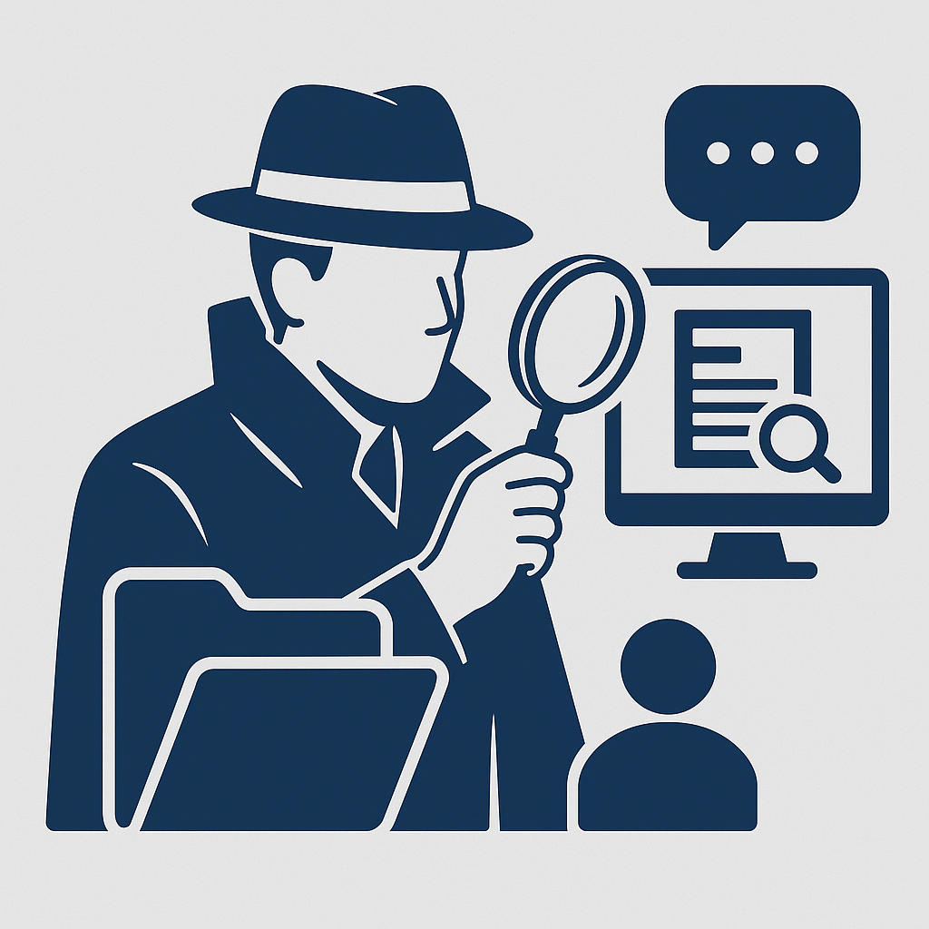 전문 탐정이 확대경을 들고 자료를 조사하는 장면을 표현한 심플한 블루톤 벡터 이미지