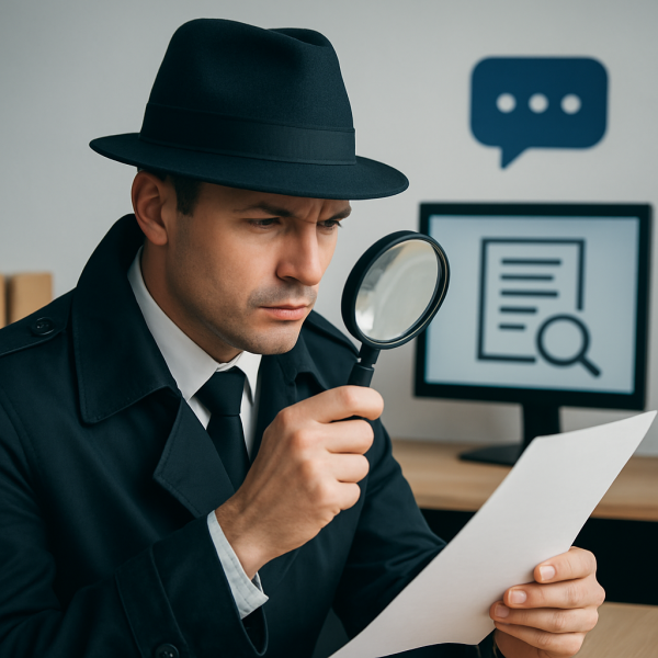 사무실에서 탐정이 확대경으로 문서를 자세히 들여다보는 모습의 실제 사진